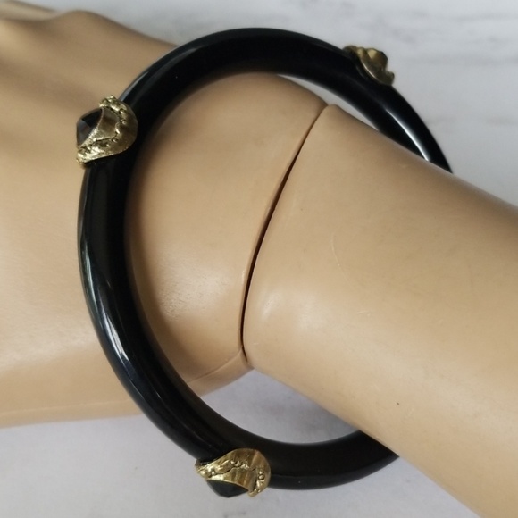 Vintage Black Lucite Crystal Bangle Bracelet - Picture 6 of 12